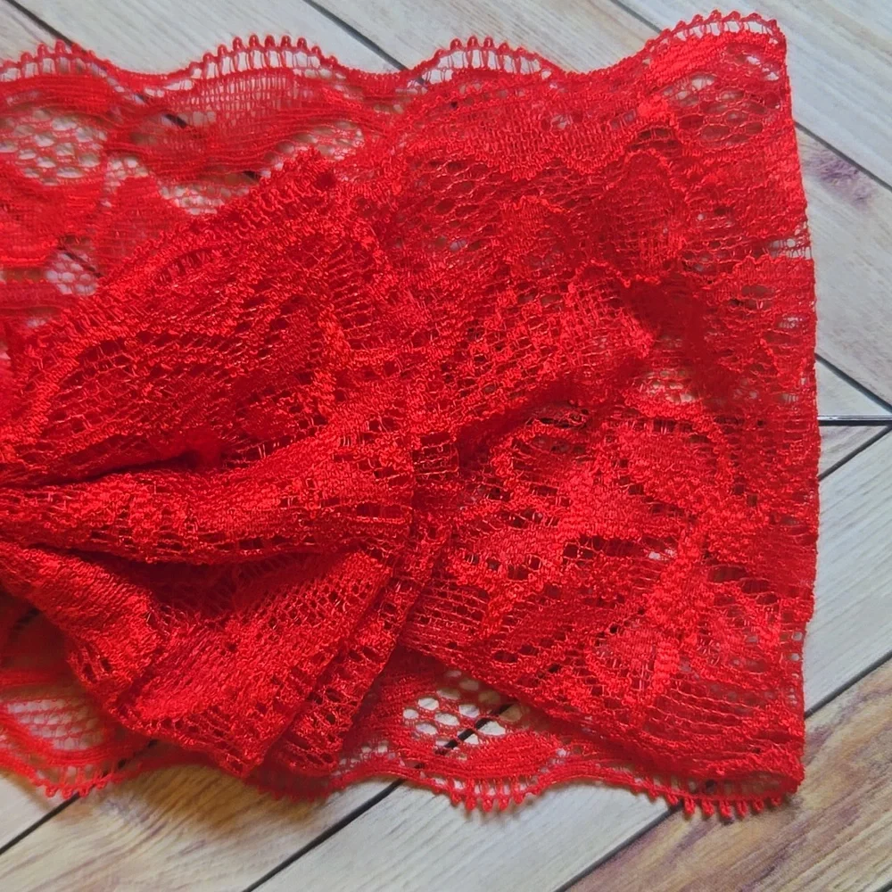 Set of 2 Wide Lace Bow Headbands Orange & Red Stretch Hairband Handmade Bundle
